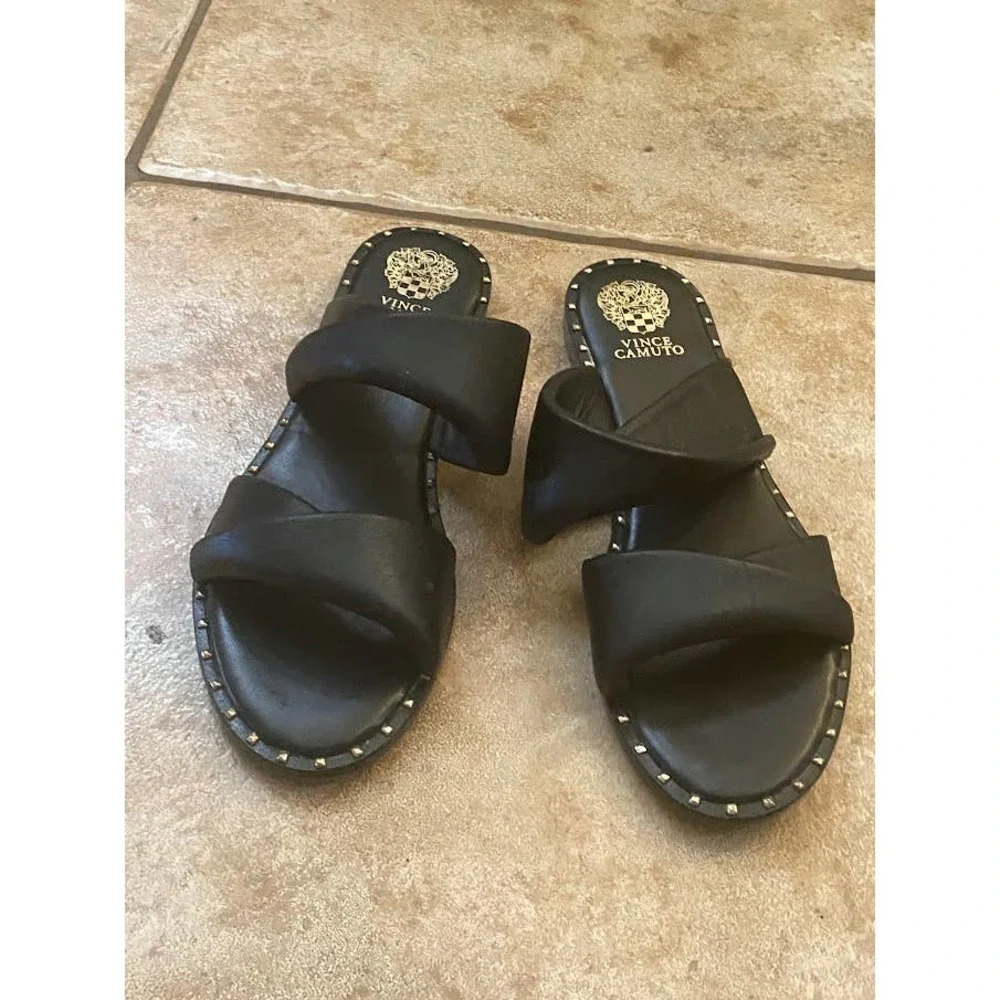 Vince Camuto Women's Black Leather Sandals Size 9m Casual Slip ons Open Toe Wear - Picture 11 of 12